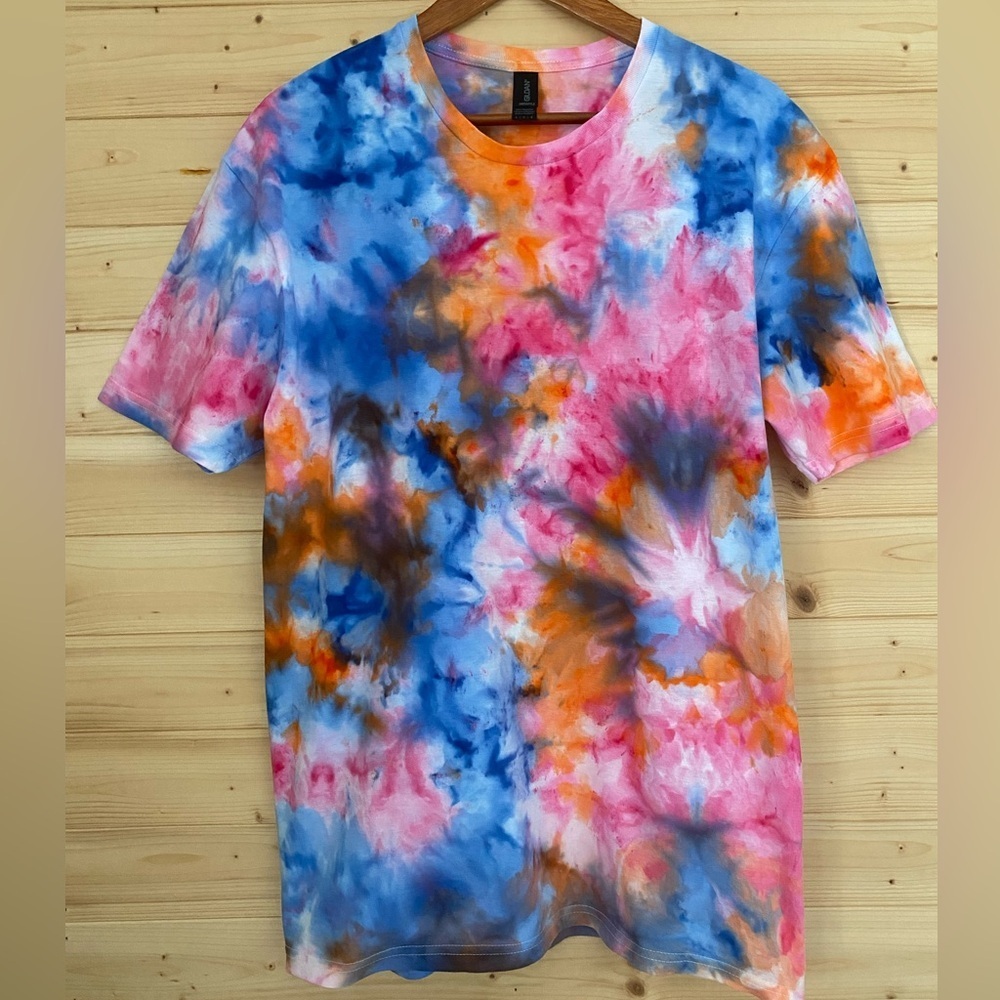 GILDAN Flamingo Sunset Iced Tie Dye Tee Pink Blue Orange Handmade Boho Festival